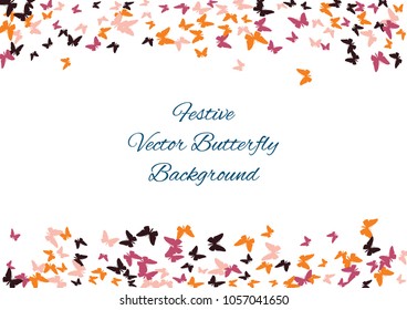 Festive butterfly confetti background. Frame vector pattern texture for holiday, postcard, poster, carnival, banner, birthday and children's parties. Butterfly cover mock-up. Wedding butterfly layout