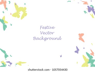 Festive butterfly confetti background. Frame vector pattern texture for holiday, postcard, poster, carnival, banner, birthday and children's parties. Butterfly cover mock-up. Wedding butterfly layout