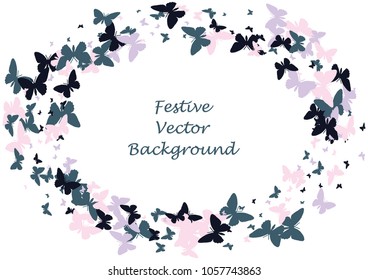 Festive butterfly confetti background. Frame vector pattern texture for holiday, postcard, poster, carnival, banner, birthday and children's parties. Butterfly cover mock-up. Wedding butterfly layout
