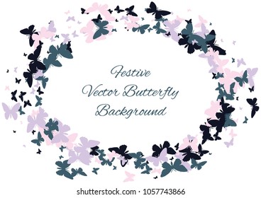 Festive butterfly confetti background. Frame vector pattern texture for holiday, postcard, poster, carnival, banner, birthday and children's parties. Butterfly cover mock-up. Wedding butterfly layout