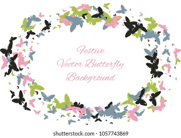 Festive butterfly confetti background. Frame vector pattern texture for holiday, postcard, poster, carnival, banner, birthday and children's parties. Butterfly cover mock-up. Wedding butterfly layout