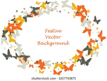 Festive butterfly confetti background. Frame vector pattern texture for holiday, postcard, poster, carnival, banner, birthday and children's parties. Butterfly cover mock-up. Wedding butterfly layout