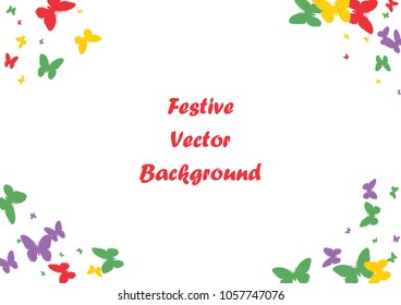 Festive butterfly confetti background. Frame vector pattern texture for holiday, postcard, poster, carnival, banner, birthday and children's parties. Butterfly cover mock-up. Wedding butterfly layout