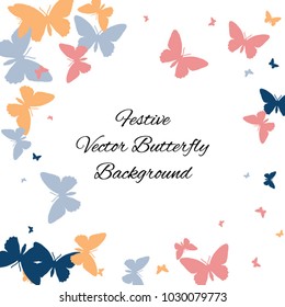 Festive butterfly confetti background. Square vector pattern texture for holiday, postcard, frame, carnival, poster, birthday and children's parties. Butterfly cover mock-up. Wedding butterfly layout