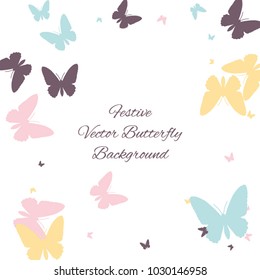 Festive butterfly confetti background. Square vector pattern texture for holiday, postcard, frame, carnival, poster, birthday and children's parties. Butterfly cover mock-up. Wedding butterfly layout