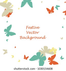 Festive butterfly confetti background. Square vector pattern texture for holiday, postcard, frame, carnival, poster, birthday and children's parties. Butterfly cover mock-up. Wedding butterfly layout