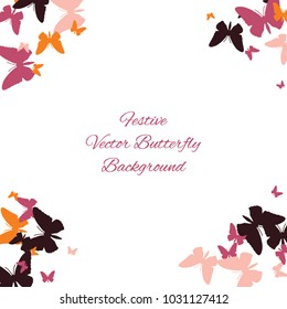 Festive butterfly confetti background. Square vector pattern texture for holiday, postcard, frame, carnival, poster, birthday and children's parties. Butterfly cover mock-up. Wedding butterfly layout