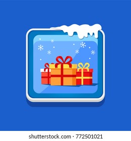 Festive button with presents, vector illustration with colorful gift boxes with cute ribbons and bows isolated on blue push-button with white frame