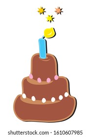 Festive cake with candle, color vector illustration. One birthday cake, color drawing on white background.