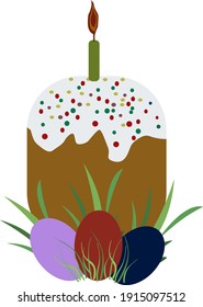 festive cake with a candle and colored eggs, vector drawing, isolate on a white background