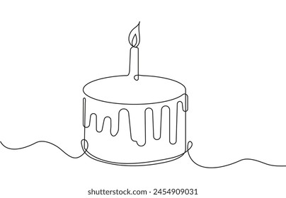 Festive cake with candle in continuous line.