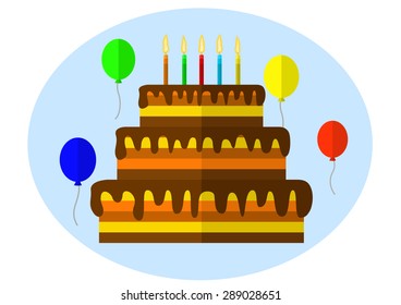 Festive cake with candle. Eps10 vector illustration. Isolated on white background