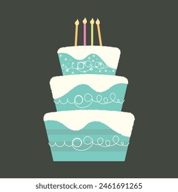 Pastel festivo con velas. Elemento para cumpleaños, bodas, aniversario. Ilustración vectorial de hornear en un estilo minimalista.
