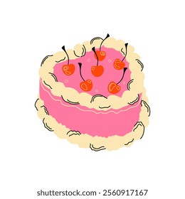 Festive cake with cherries for Valentine's Day, birthday, or Women's Day. Romantic cake design with ruffles and cherries. A delicious and vibrant cake for girls. A party with a cake