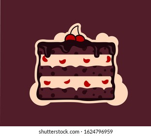 Festive cake with chocolate cream and cherries. Vector illustration of sweetness.