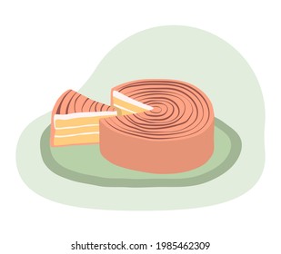 Gâteau de fête décoré de glaçage au chocolat sur assiette. Désert isolé sur fond vert clair pastel. Style de dessin animé à plat. Idéal pour la carte de voeux, l'invitation, la carte postale, le web design. 