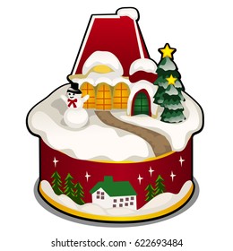 A festive cake decorated in a Christmas style isolated on white background. Vector cartoon close-up illustration.