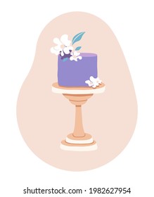 Festive cake decorated with flowers on cake stand. Tasty dessert isolated on light background. Vector illustration in flat cartoon style. Great for greeting card, invitation, postcard, web design.