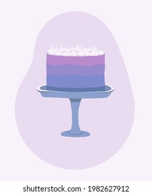 Festive cake decorated with whipped cream on cake stand. Dessert isolated on light purple background color. Vector illustration in flat cartoon style. Great for greeting card, invitation, web design.