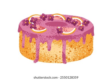Festive cake with dripping glaze, flowers decoration, vanilla sponge. Holiday dessert with sweet frosting, icing. Delicious confectionery. Flat vector illustration isolated on white background