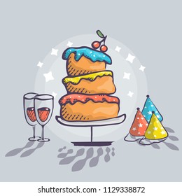 Festive cake, glasses of wine, festive caps, on a gray background. Celebratory background, birthday, festival. Greeting card, wedding invitation. Hand drawn, vector