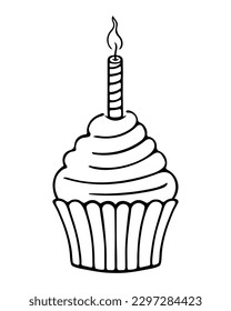 Festive cake in a mold. Sketch. Cupcake decoration from a twisted candle. Vector illustration. Burning candle flame. Coloring book. Dessert for a birthday. Doodle style. Outline on isolated background