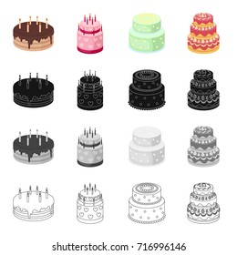 A festive cake and other types of dessert. Cakes set collection icons in cartoon black monochrome outline style vector symbol stock illustration web.