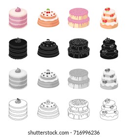 A festive cake and other types of dessert. Cakes set collection icons in cartoon black monochrome outline style vector symbol stock illustration web.