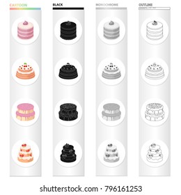 A festive cake and other types of dessert. Cakes set collection icons in cartoon black monochrome outline style vector symbol stock illustration web.