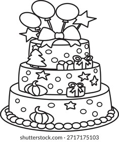 Esquema festivo de la torta con globos y Elementos de estrellas.