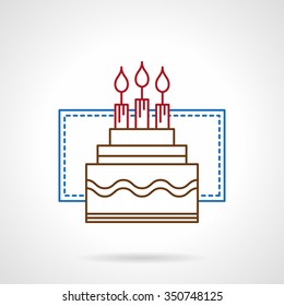 Festive cake or pie with three candles. Food for  celebrations, birthday party, anniversary. Flat color line style vector icon. Single web design element for mobile app or website.