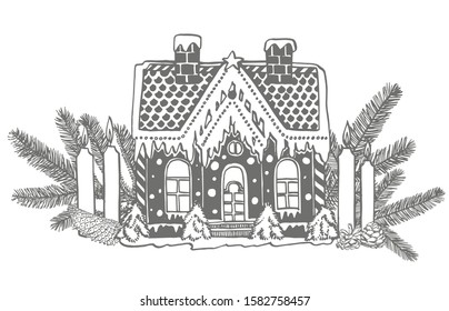 Festive cake in shape of village house decorated in Christmas style and branches of Christmas trees and Candle. New year and Christmas design elements. Greeting card invitation with xmas graphic
