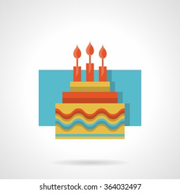 Festive cake with three candles. Happy Birthday greetings. Traditional desserts. Flat color style vector icon. Element for web design, business, mobile app.