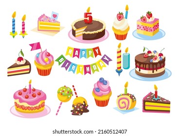 Festive cakes set. Colorful tasty sweets for birthday celebration menu. Bright cupcakes and candies pops isolated on white background. Cartoon flat vector illustration