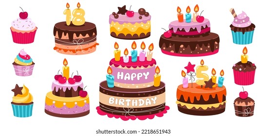 Festive cakes set. Delicious desserts, pastries, cupcakes, birthday cakes with celebration candles. Set of colorful pastry cartoon isolated on white background. Vector illustration