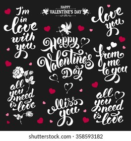 Festive Calligraphic Hand Drawn Greeting Lettering Text Set for Valentines Day. Vector illustration.