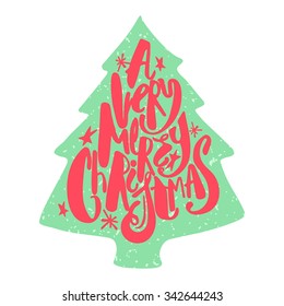 Festive calligraphy brushpen ink drawn lettering Christmas tree. Artistic design for a logo, greeting cards, invitations, posters, banners, seasonal greetings illustrations.