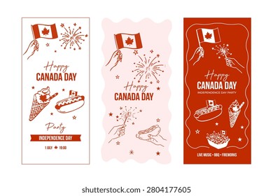 Festive canada day poster designs with fireworks and celebratory icons for party promotions.
