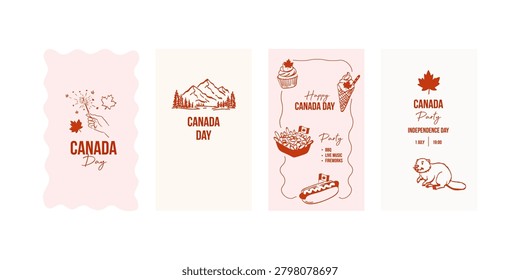 Festive canada day posters with maple leaf, fireworks, and iconic symbols.