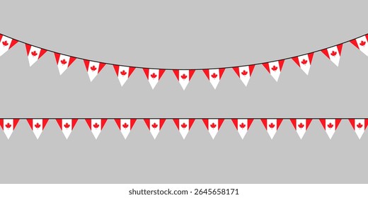 Festive Canadian bunting with red and white maple leaf pennants hanging in two rows on a neutral grey background. Perfect for national celebrations.
