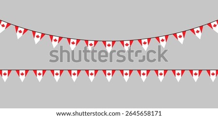 Festive Canadian bunting with red and white maple leaf pennants hanging in two rows on a neutral grey background. Perfect for national celebrations.