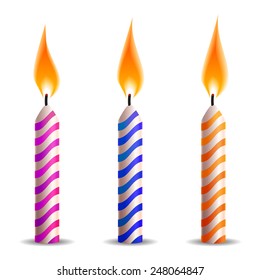 Festive Candle with colored strips burning set icon isolated on white background. Vector illustration