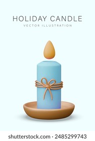 Festive candle with decorative elements. Vertical poster on blue background