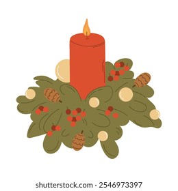 Festive Candle with Greenery Christmas Illustration, 
 A cozy Christmas vector illustration featuring a red candle surrounded by festive greenery, red berries, pinecones, and decorative ornaments