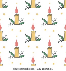 Festive candle with New Year decoration seamless pattern