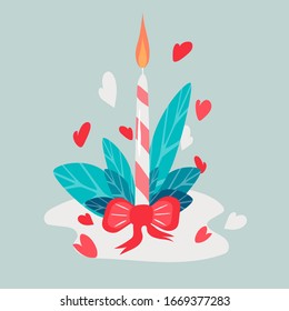 Festive candle surrounded by hearts. Illustration for wedding invitations. Decorative postcard. Colorful background.