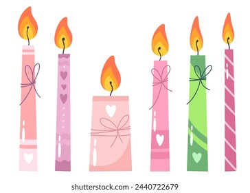 Festive candles for decoration or celebration. Vector isolates in cartoon flat style.