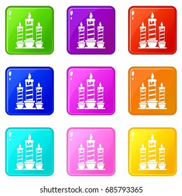 Festive candles icons of 9 color set isolated vector illustration