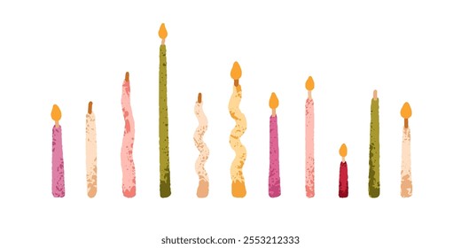 Festive candles set. Birthday party decoration in modern style. Taper, spiral, curved stick designs. Decorative holiday accessories, lit decor. Flat vector illustration isolated on white background