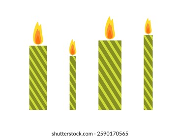 Festive candles set hand drawn flat vector illustration, colorful holiday celebration collection of decorated objects of different sizes for birthday, wedding, Christmas, any other purpose